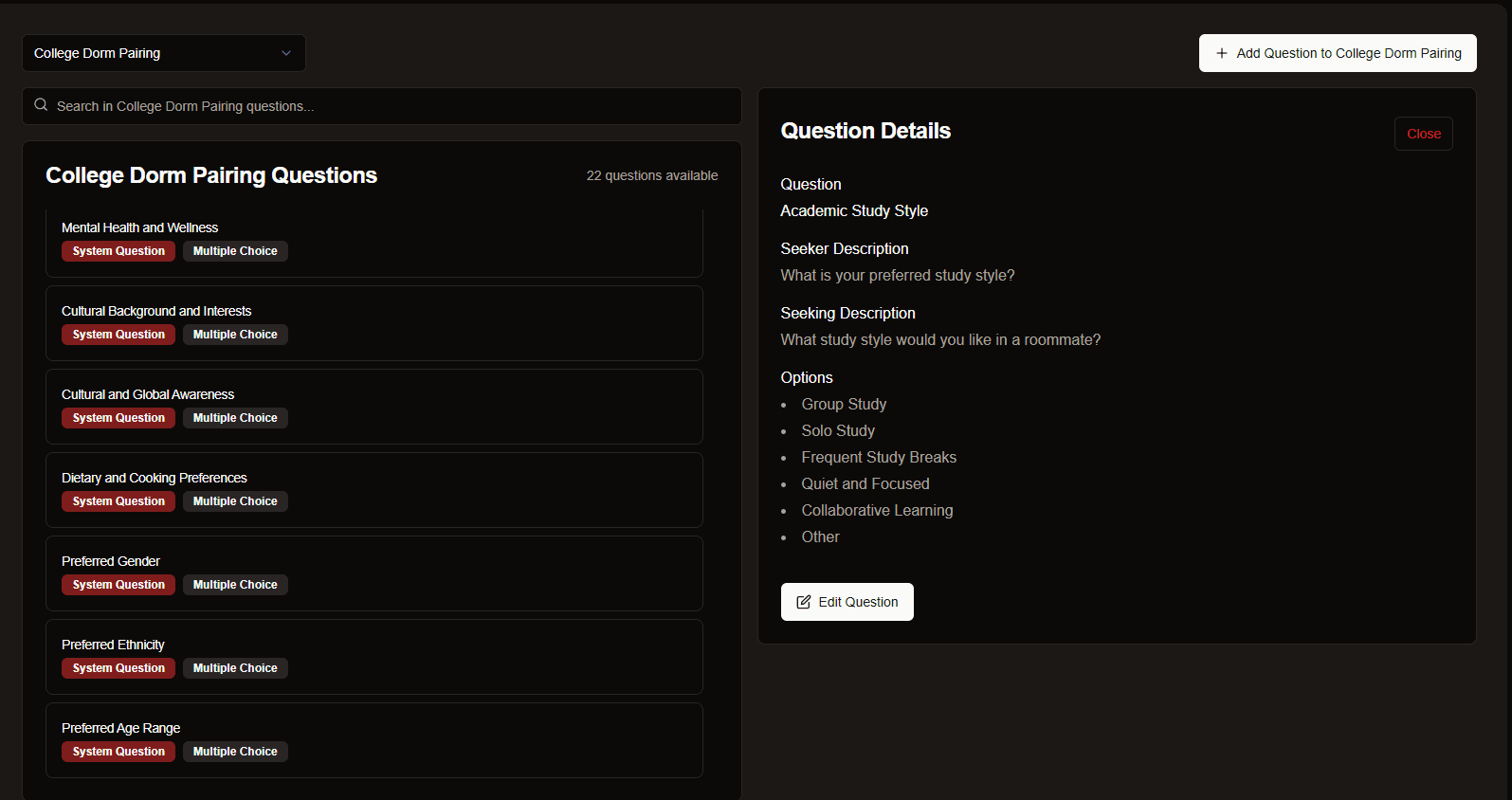 Flexible Questionnaires - Easy Pairing feature screenshot